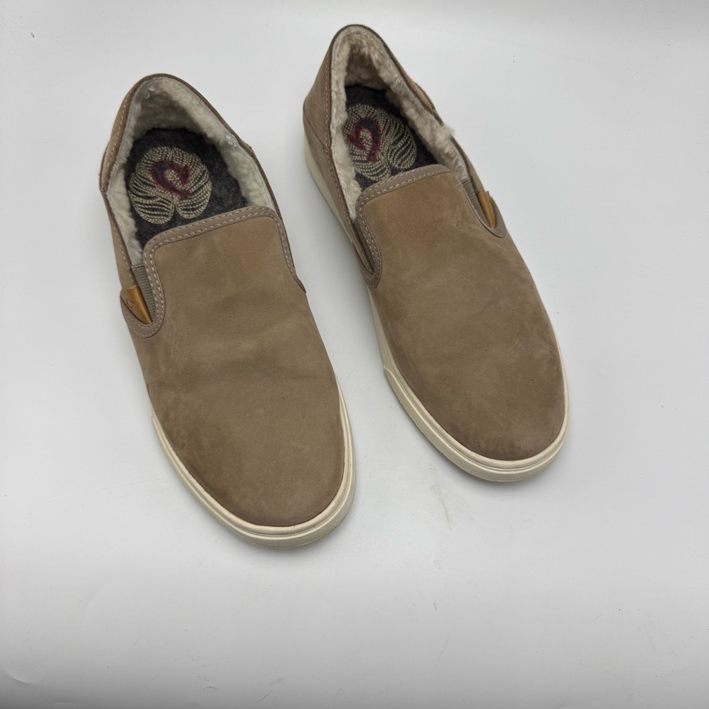 Olukai Pehuea Heu Tan Brown Suede Women’s Size 7 Shearling Slip-On loafers Taupe